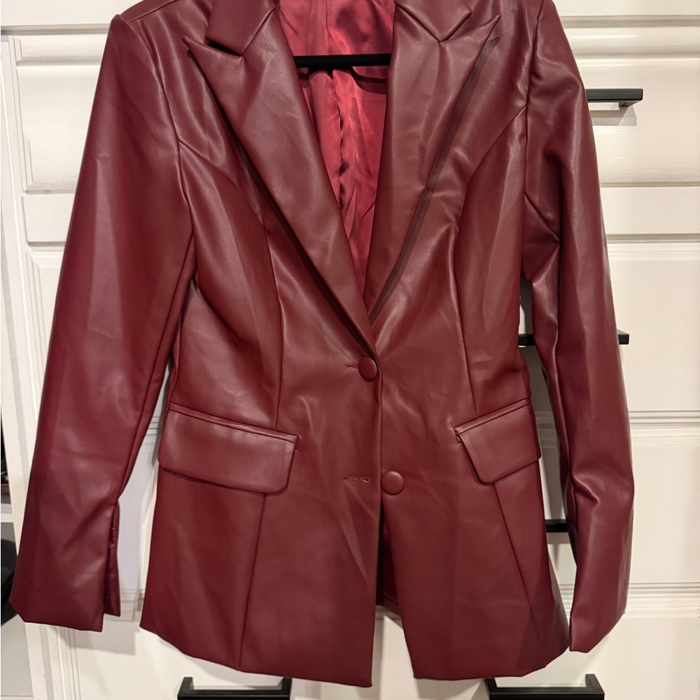SHEIN Burgundy Faux Leather Blazer